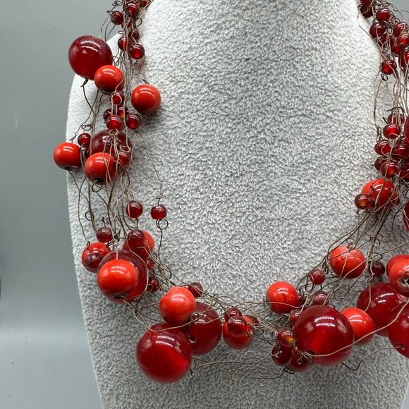 Manouk Red Necklace Multi Strand Wire Wrap Statement Brass Tone Boho Jewelry - Picture 6 of 11